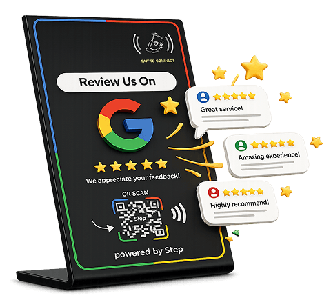 NFC stand with Google review and rating prompts
